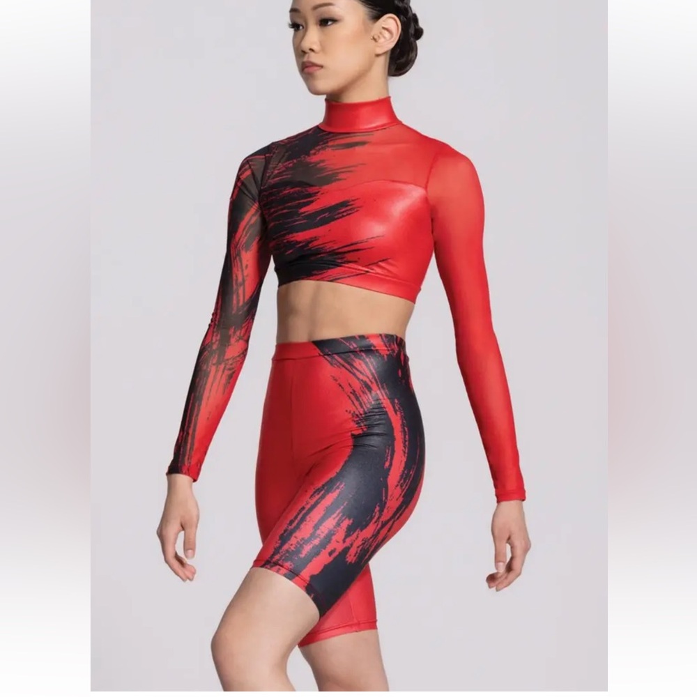 Red and Black Abstract Crop Top and Shorts Set